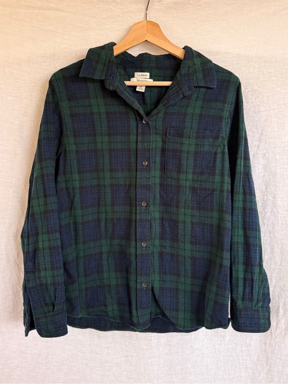 LL Bean flannel plaid shirt blackwatch blue green